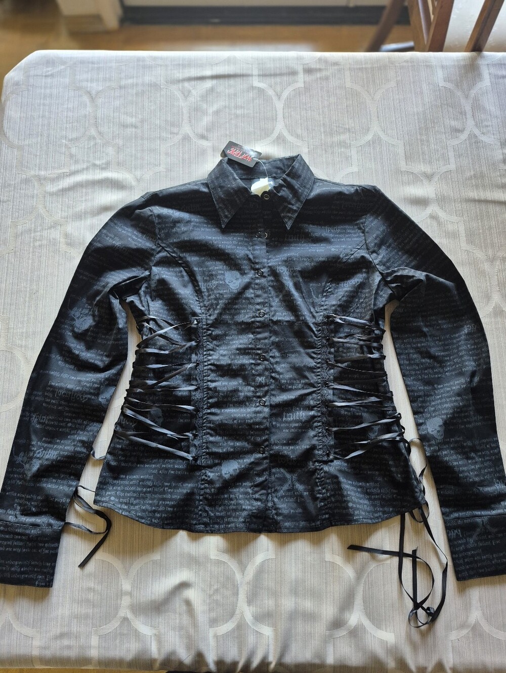 Vintage Lip Service "Morbid Curiosity" skull button-down, Lace Up corset top. - Picture 7 of 15
